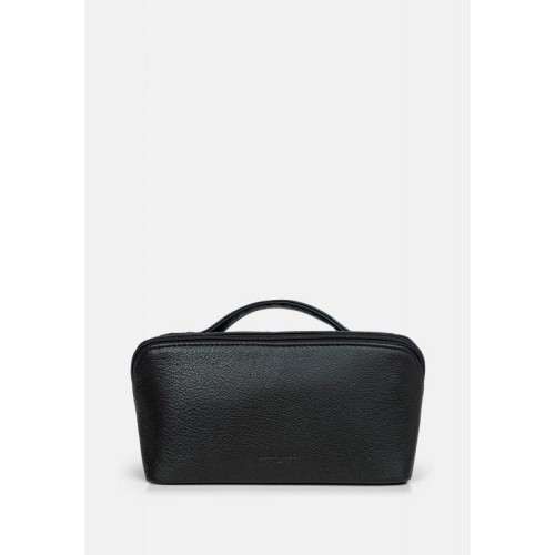 Rozkładana, skórzana kosmetyczka w czarnym kolorze z uchwytem, z tłoczonym logo marki Cholewiński na przodzie produktu, zdjęcie z przodu