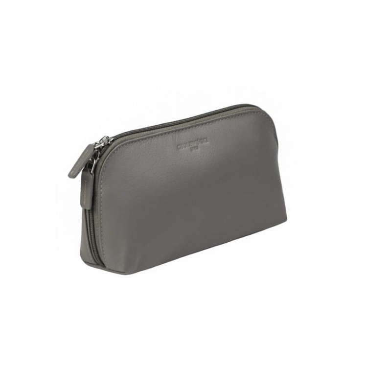 Szara mała skórzana kosmetyczka marki Cholewiński, zdjęcie ze skosu