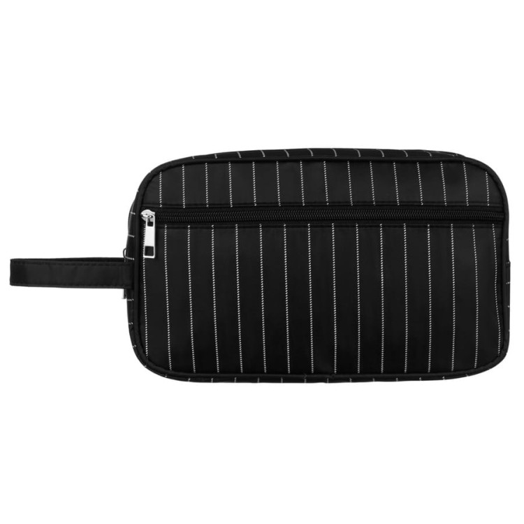 Kosmetyczka podróżna Rovicky w kolorze czarnym w cienkie białe paski, z kieszonką na drobne przedmioty i wygodnym zamkiem błyskawicznym. Zdjęcie z przodu.